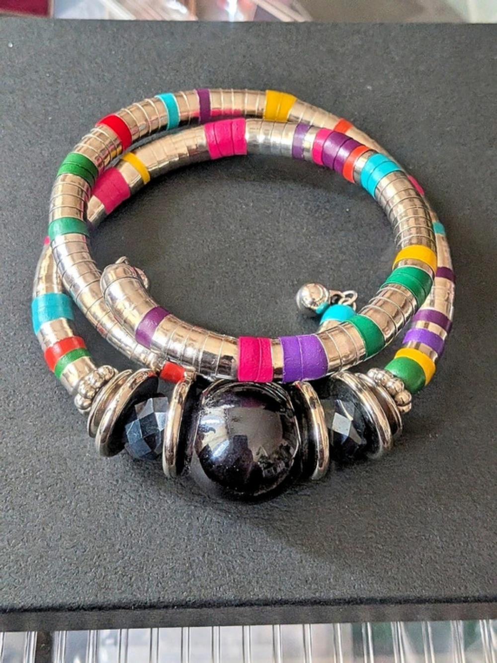 Vintage Boho Multi-Color Striped Cobra Coil Wrap Bracelet with Large Focal Bead
